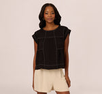 Extended Shoulder Contrast Stitch Yoke Top In Black Ivory 3