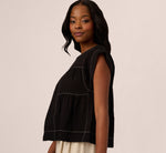 Extended Shoulder Contrast Stitch Yoke Top In Black Ivory 1