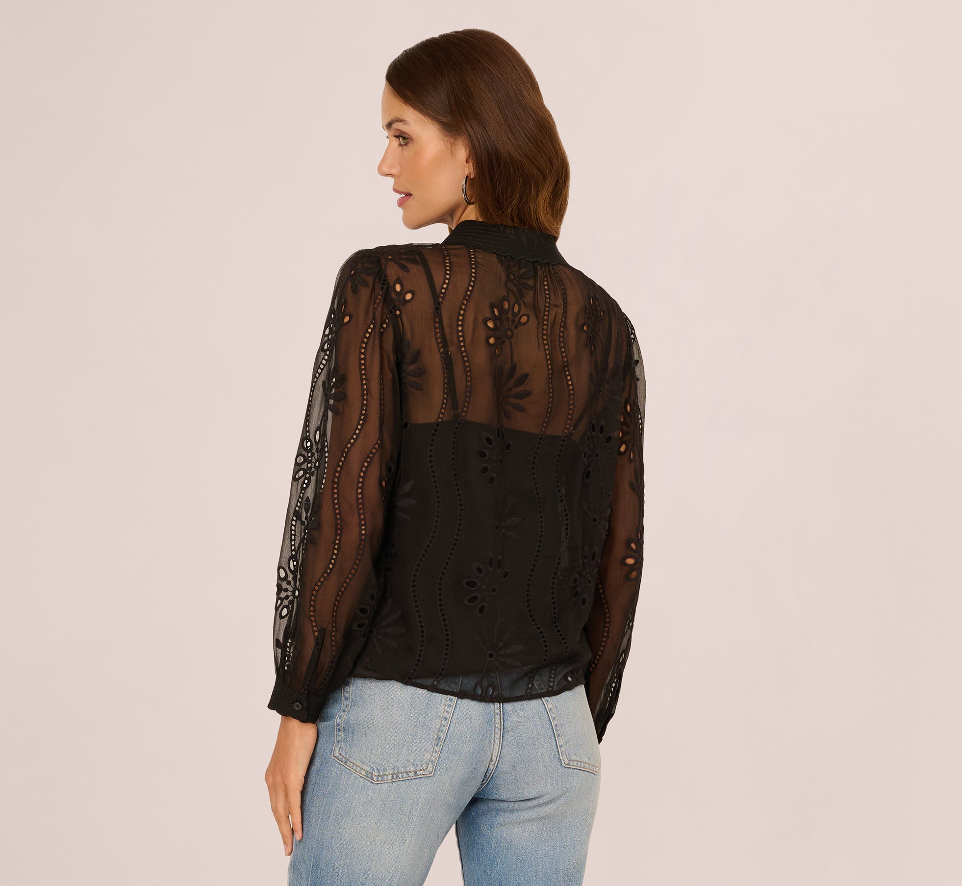 Long Sleeve Sheer Floral Eyelet Lace Blouse In Black - Adrianna Papell