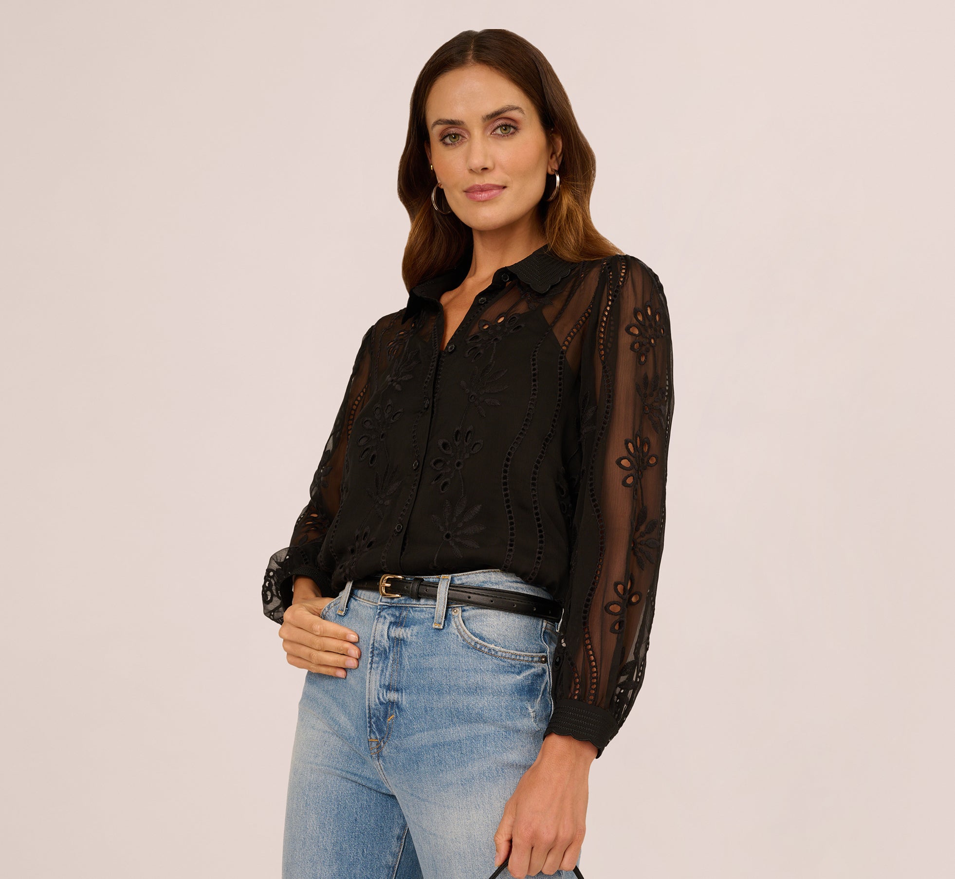 Long Sleeve Sheer Floral Eyelet Lace Blouse In Black 1