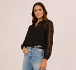 Long Sleeve Sheer Floral Eyelet Lace Blouse In Black 1