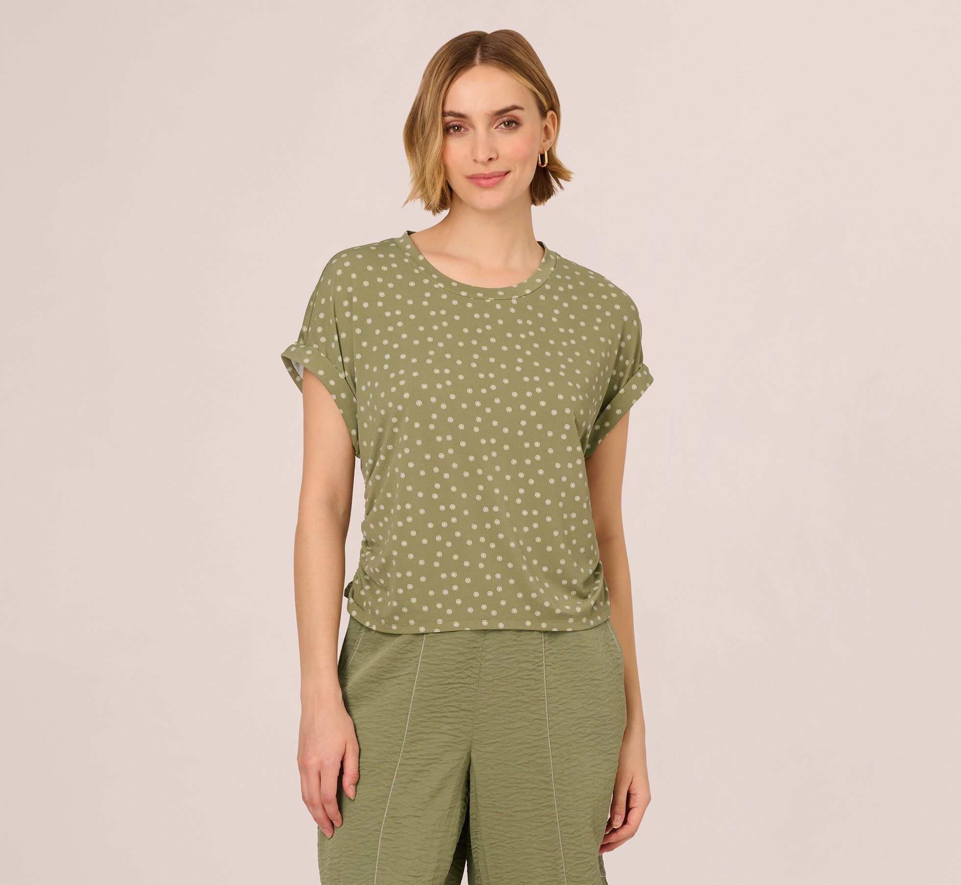 Cap Sleeve Ruched Side Top In Oil Green Scribble Daisy 1