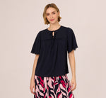 Short Sleeve Neck Tie Embroidered Yoke Top In Blue Moon 3