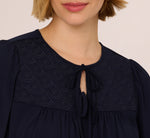 Short Sleeve Neck Tie Embroidered Yoke Top In Blue Moon 4