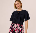 Short Sleeve Neck Tie Embroidered Yoke Top In Blue Moon 1