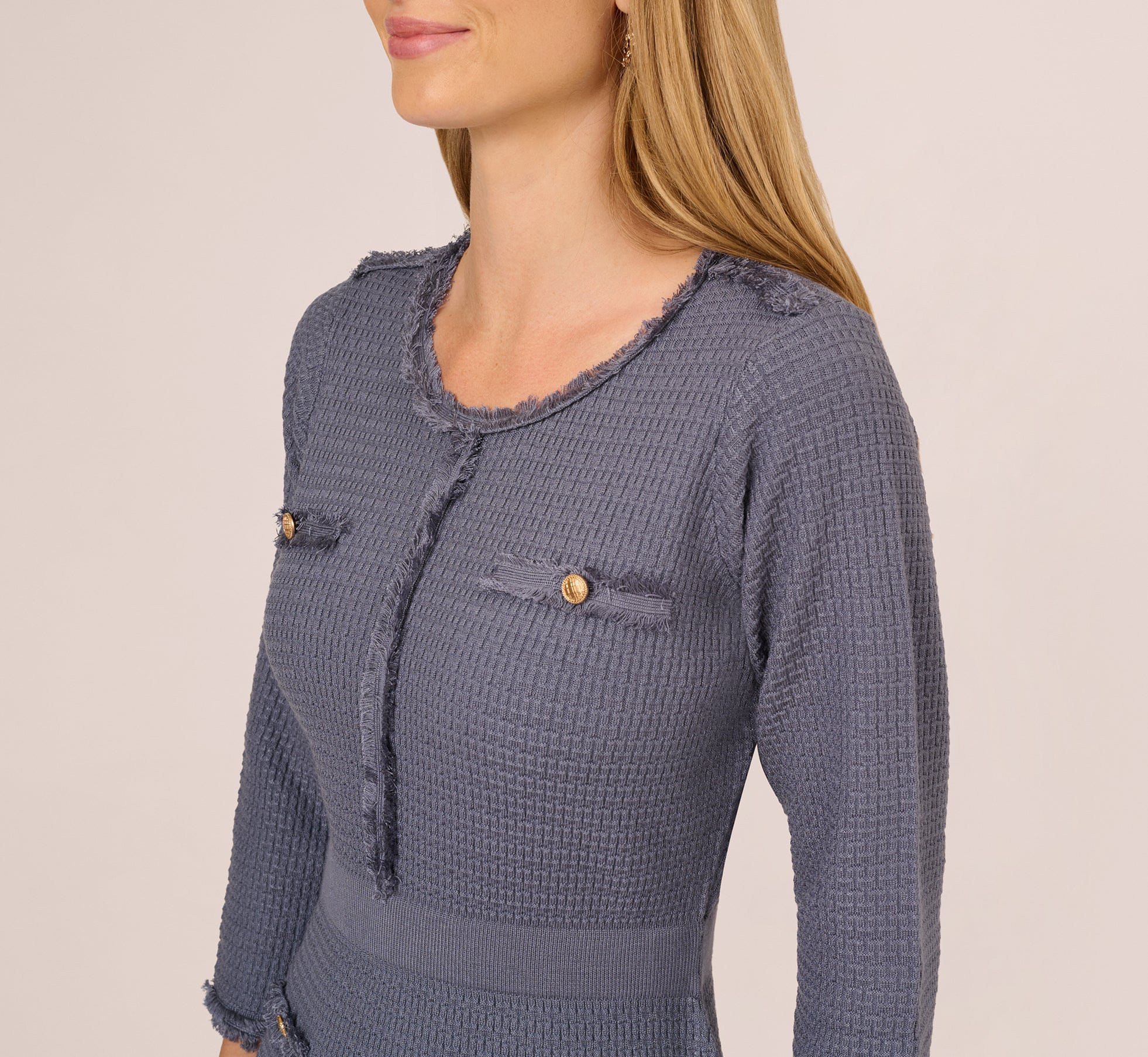Three Quarter Sleeve Waffle Knit Short Dress In Dusty Blue 1