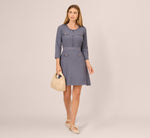 Three Quarter Sleeve Waffle Knit Short Dress In Dusty Blue 2