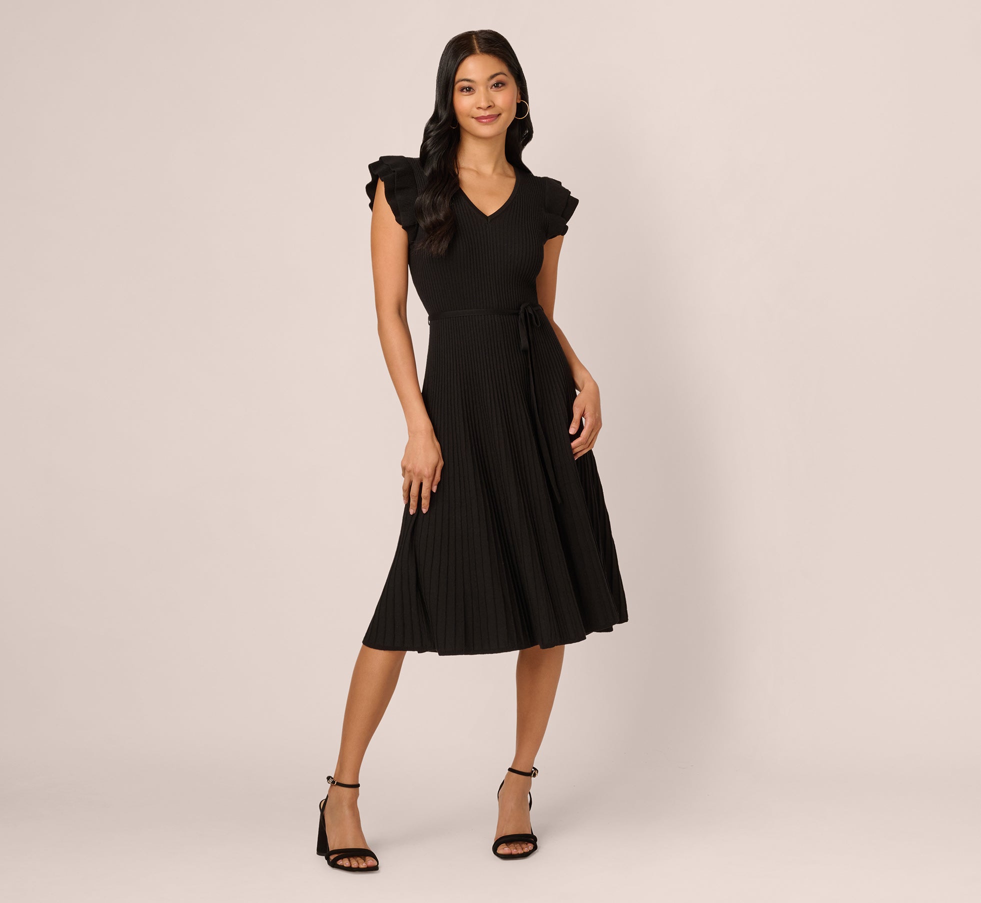 Black Flutter Sleeve Ribbed Cable Midi Dress