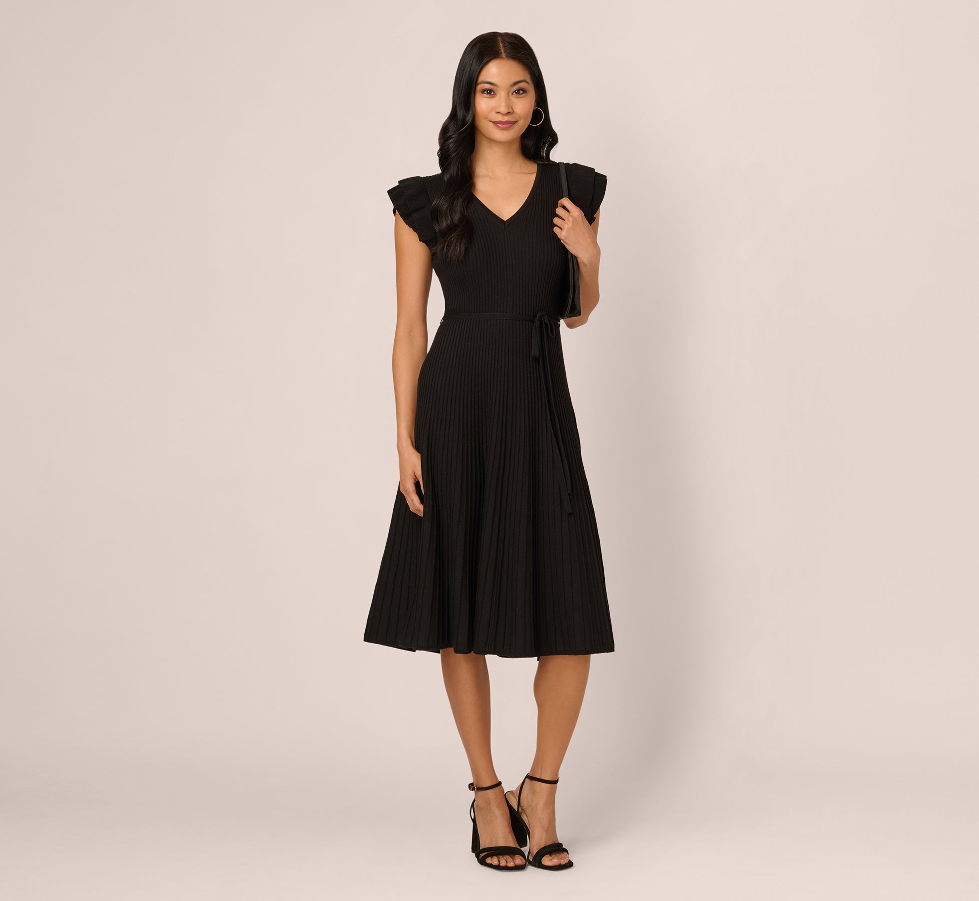 flutter sleeve midi dress formal Black Flutter Sleeve Ribbed Cable Midi Dress