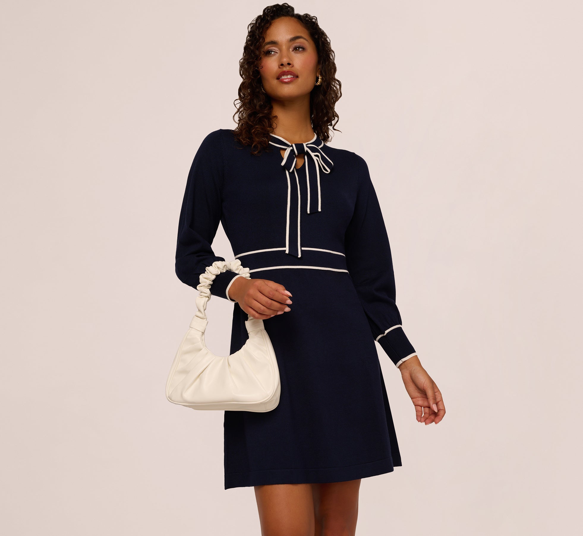Blue Moon Ivory Long Sleeve Contrast Tipped Sweater Dress