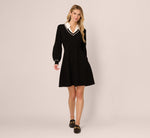 Long Sleeve Collared Twofer Sweater Dress In Black Ivory 2