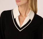 Long Sleeve Collared Twofer Sweater Dress In Black Ivory 3