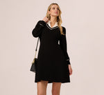 Long Sleeve Collared Twofer Sweater Dress In Black Ivory 7