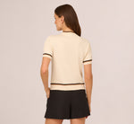 Short Sleeve Tie Neck Knit Top In Cream Black Camel 7