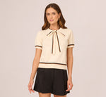 Short Sleeve Tie Neck Knit Top In Cream Black Camel 4