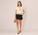 Short Sleeve Tie Neck Knit Top In Cream Black Camel 3