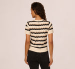 Short Sleeve Pointelle Stripe Sweater In Cream Black Camel 7
