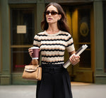 Short Sleeve Pointelle Stripe Sweater In Cream Black Camel 1