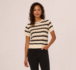 Short Sleeve Pointelle Stripe Sweater In Cream Black Camel 4
