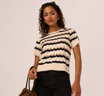 Short Sleeve Pointelle Stripe Sweater In Cream Black Camel 2