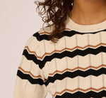 Short Sleeve Pointelle Stripe Sweater In Cream Black Camel 6