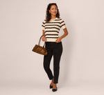 Short Sleeve Pointelle Stripe Sweater In Cream Black Camel 3