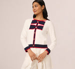 Long Sleeve Contrast Tipped Bow Sweater In Ivory Navy Red 2