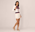 Long Sleeve Contrast Tipped Bow Sweater In Ivory Navy Red 3