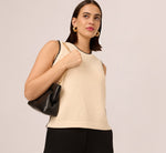 Sleeveless Open Knit Whipstitch Sweater Top In Cream Black 2
