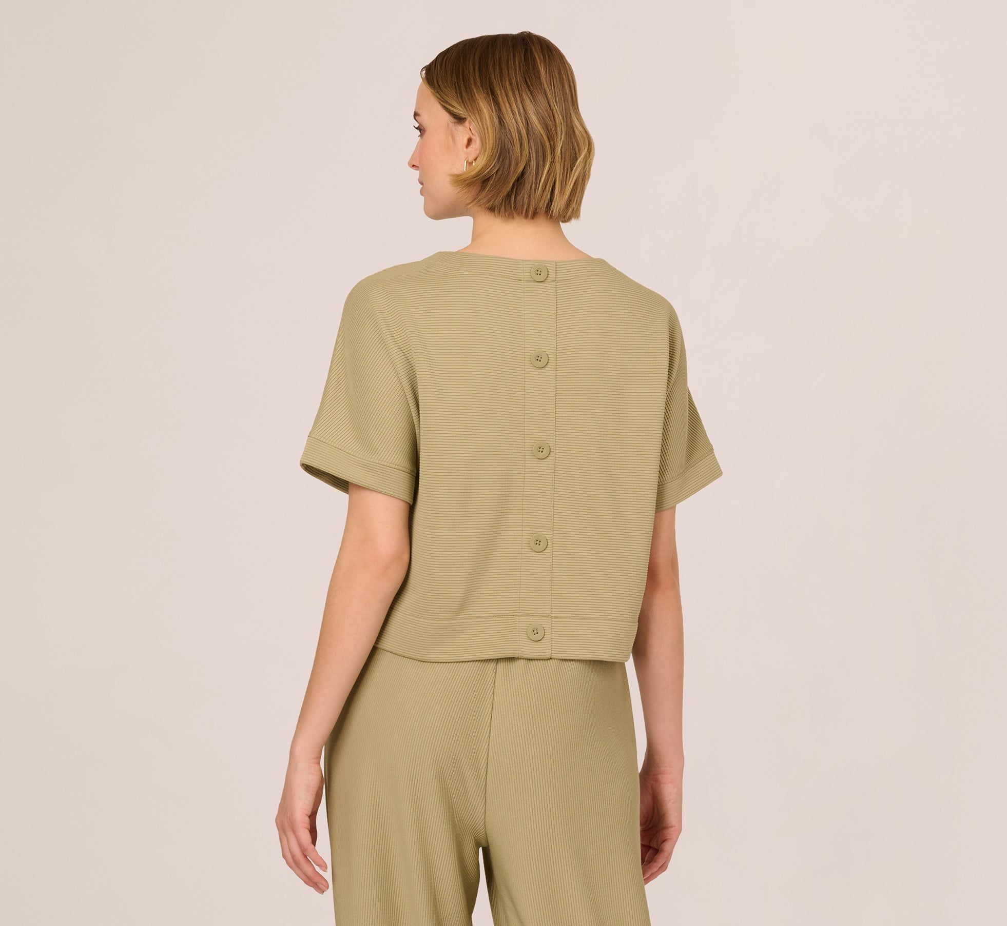 Green Short Sleeve Rib Knit Back Button Top - Adrianna Papell