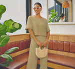 Short Sleeve Rib Knit Back Button Top In Dusty Sage Green 1