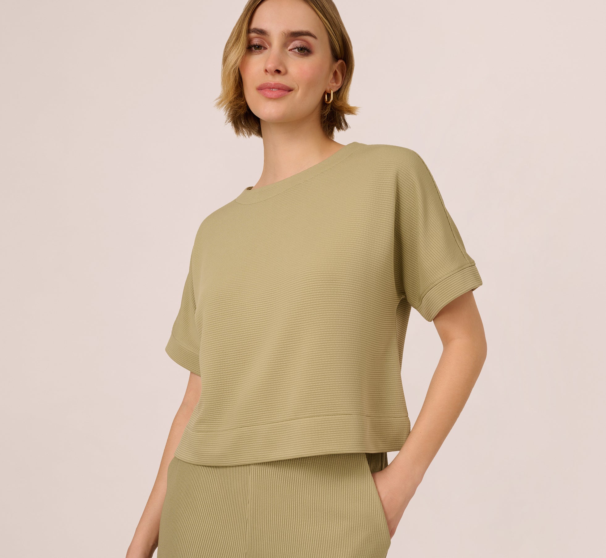 Green Short Sleeve Rib Knit Back Button Top - Adrianna Papell Green Short Sleeve Rib Knit Back Button Top - Adrianna Papell