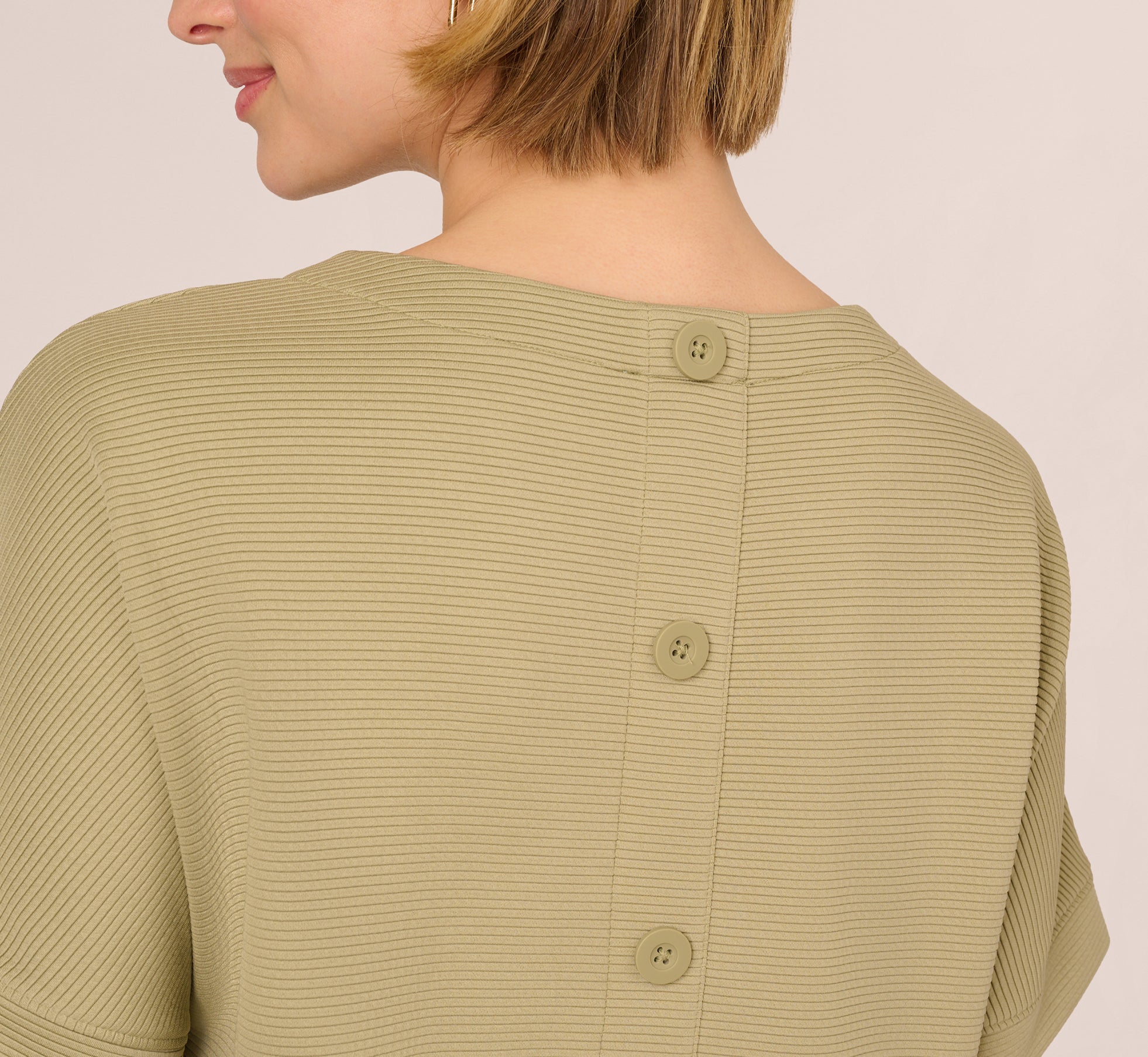 Green Short Sleeve Rib Knit Back Button Top - Adrianna Papell