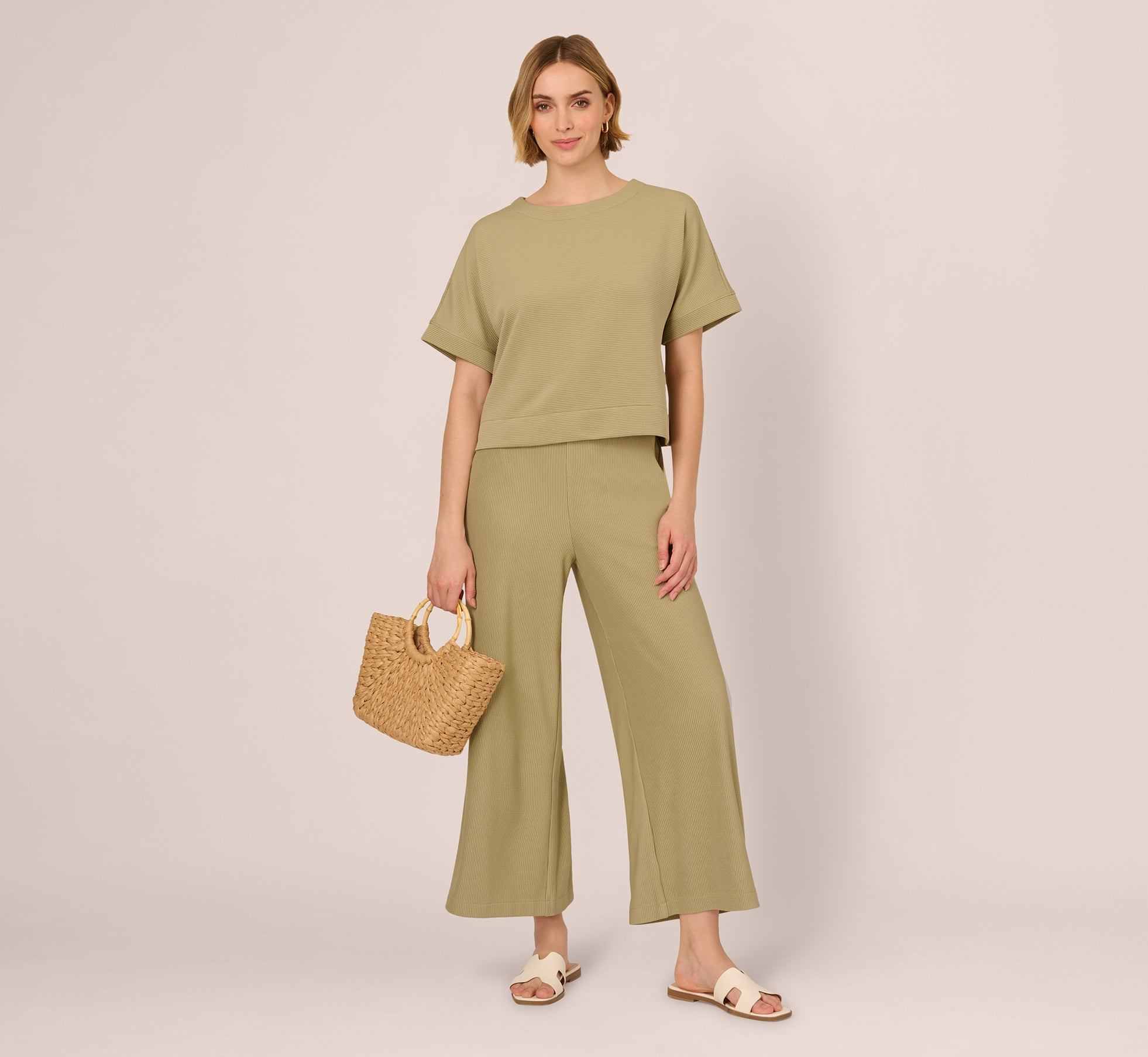 Green Short Sleeve Rib Knit Back Button Top - Adrianna Papell Green Short Sleeve Rib Knit Back Button Top - Adrianna Papell
