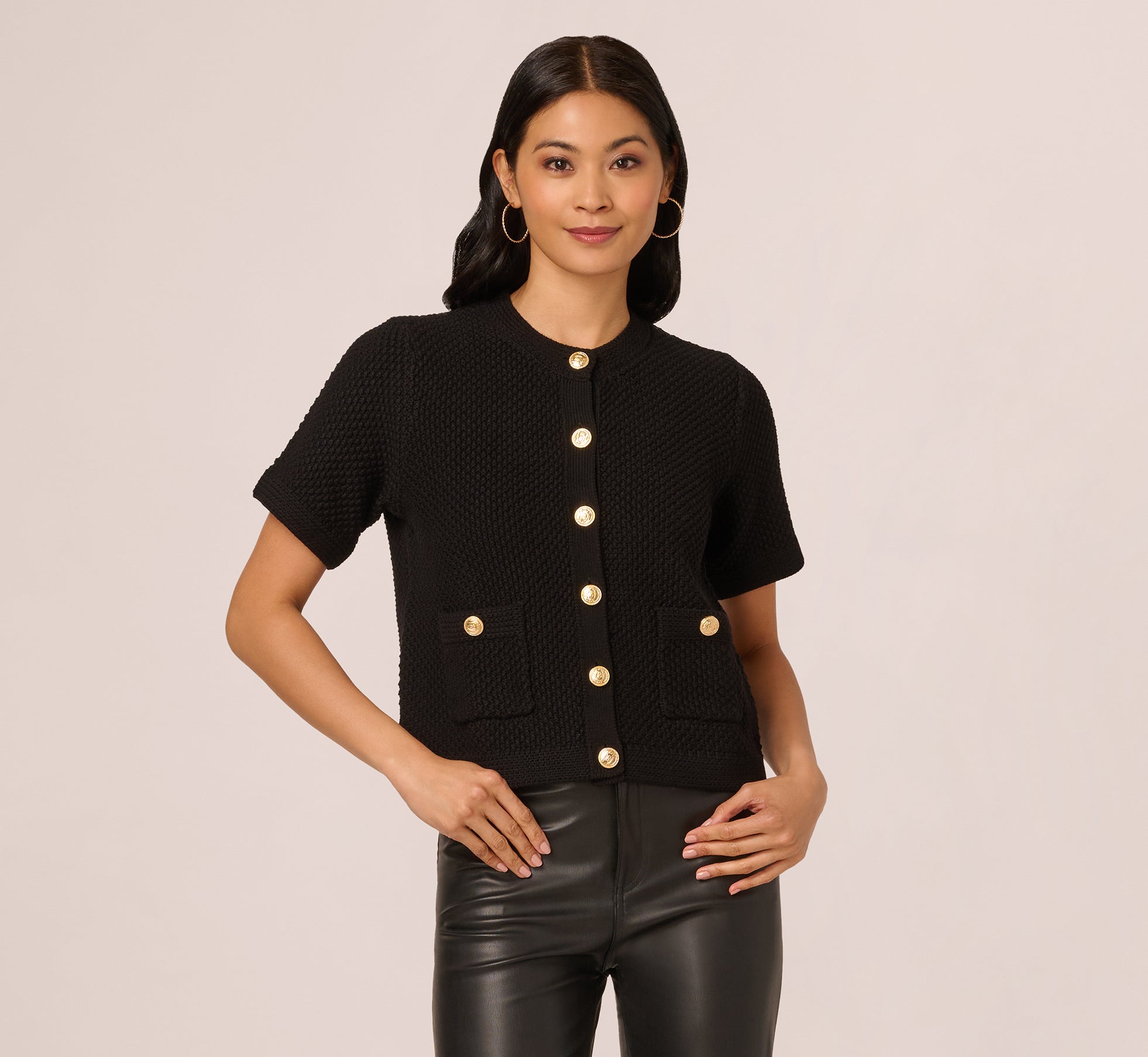Short Sleeve Textured Cardigan Sweater In Black 1