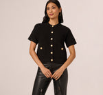 Short Sleeve Textured Cardigan Sweater In Black 2