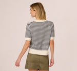 Short Sleeve Scalloped Stripe Pullover Sweater In Ivory Slate Blue 6