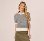 Short Sleeve Scalloped Stripe Pullover Sweater In Ivory Slate Blue 3