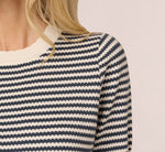 Short Sleeve Scalloped Stripe Pullover Sweater In Ivory Slate Blue 5