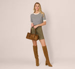 Short Sleeve Scalloped Stripe Pullover Sweater In Ivory Slate Blue 2