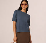 Short Sleeve Scalloped Sweater Top In Slate Blue 1