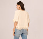 Three Quarter Sleeve Fringe Trim Sweater In Cream 7
