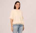 Three Quarter Sleeve Fringe Trim Sweater In Cream 4