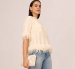Three Quarter Sleeve Fringe Trim Sweater In Cream 2