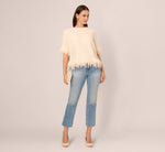 Three Quarter Sleeve Fringe Trim Sweater In Cream 3