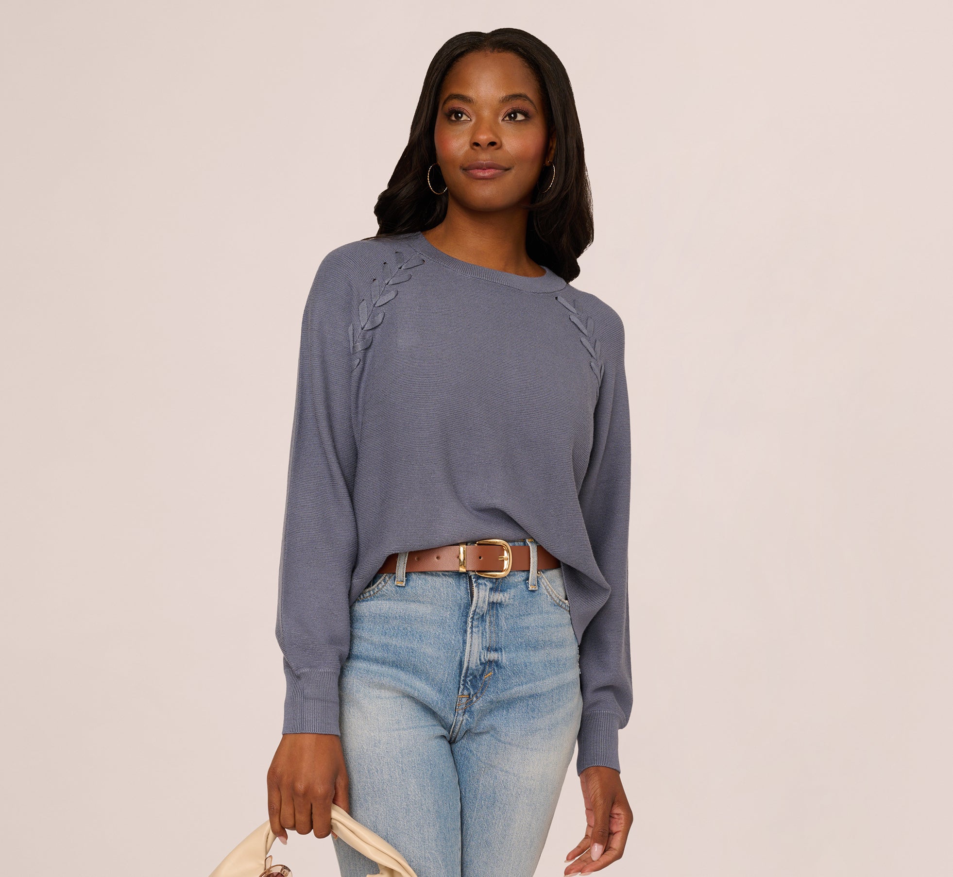Long Sleeve Laced Raglan Sweater In Dusty Blue 1