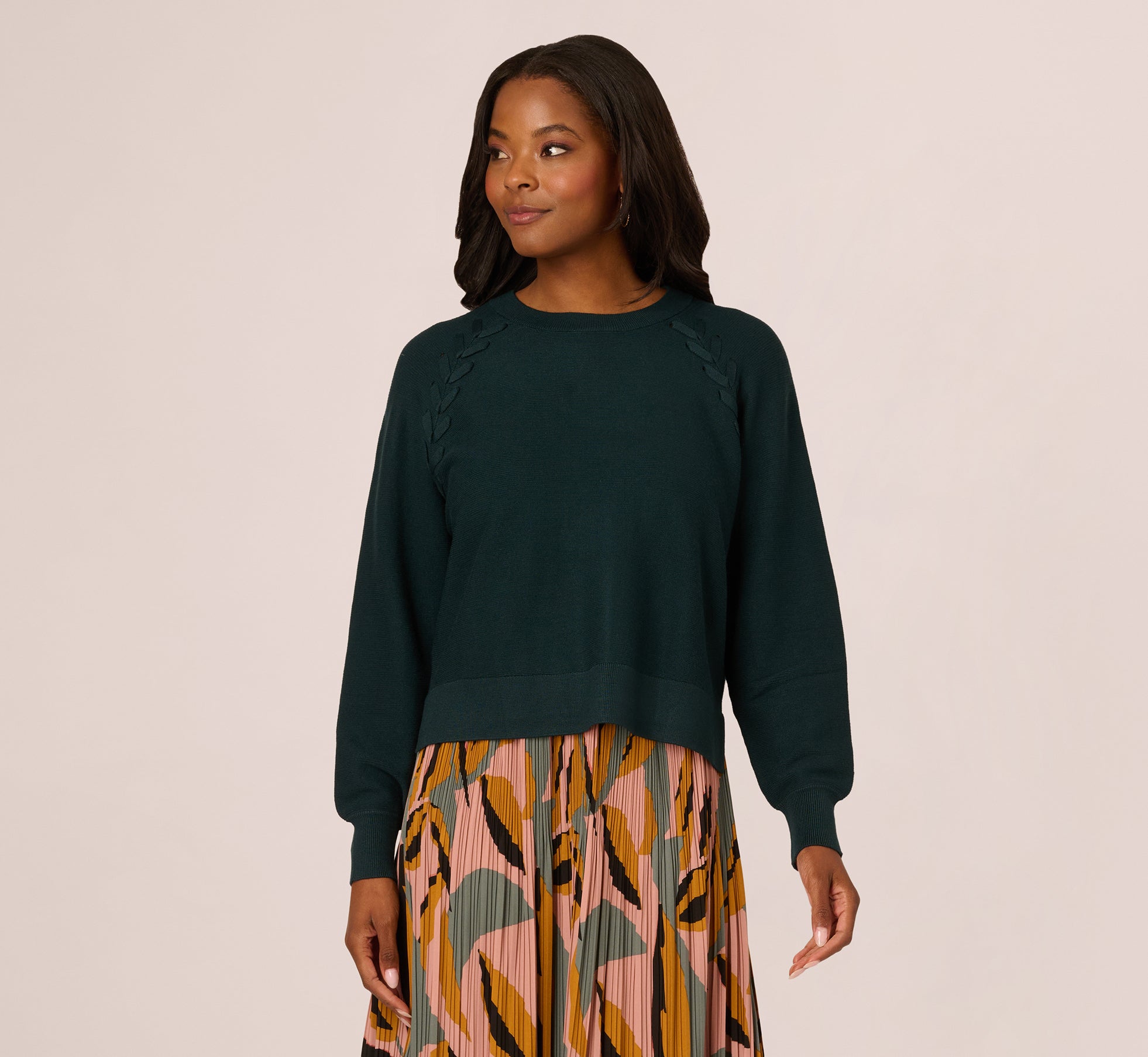 Long Sleeve Laced Raglan Sweater In Forest Teal - Adrianna Papell