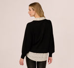 Long Sleeve Collared Printed Twover Sweater In Black W  Cream Abstract Dot 7