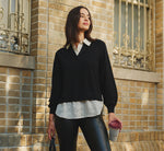 Long Sleeve Collared Printed Twover Sweater In Black W  Cream Abstract Dot 1