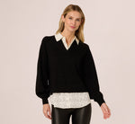 Long Sleeve Collared Printed Twover Sweater In Black W  Cream Abstract Dot 4